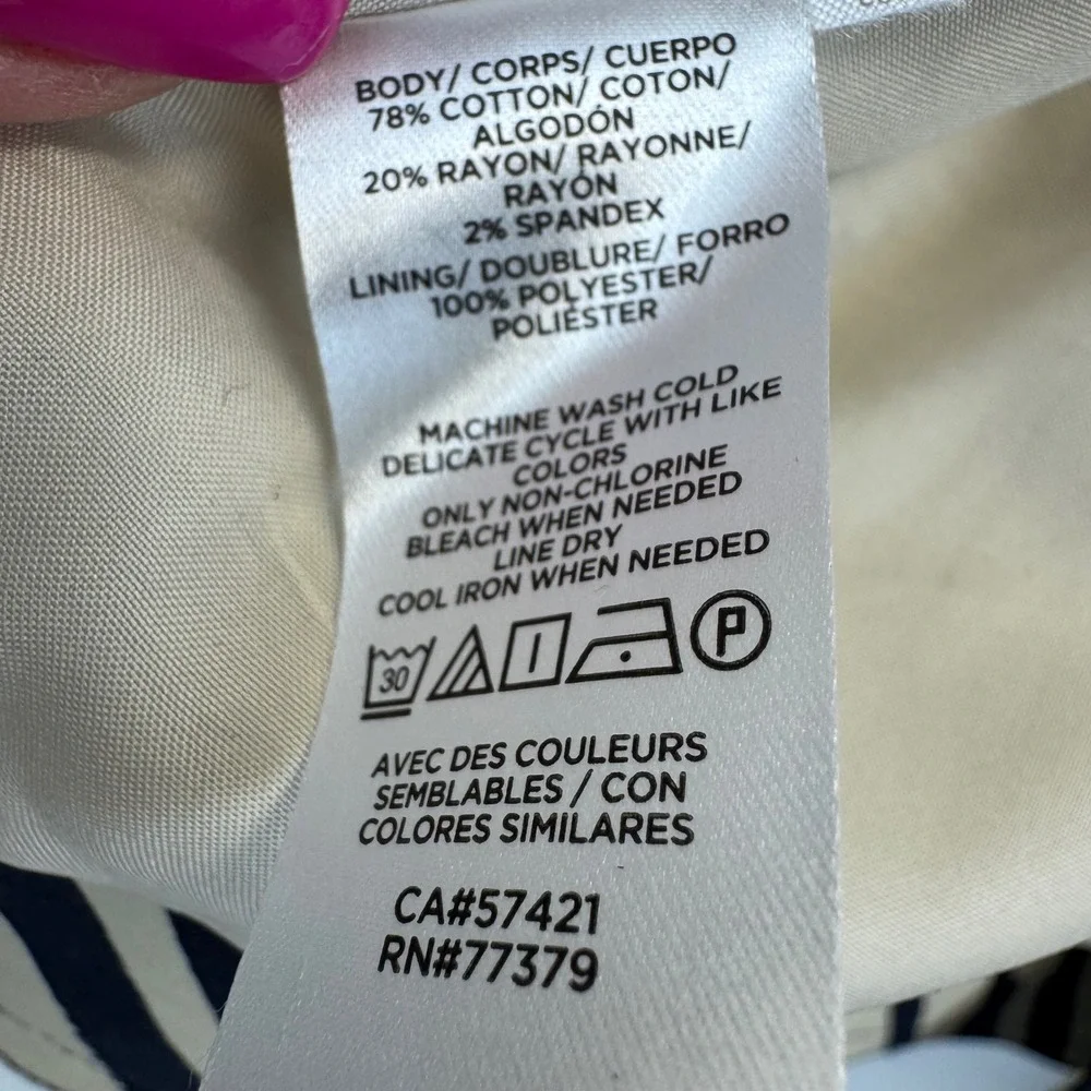 Ann Taylor Womens XS Navy Cream Diagonal Stripe Cropped Jacket Snap Front Pocket